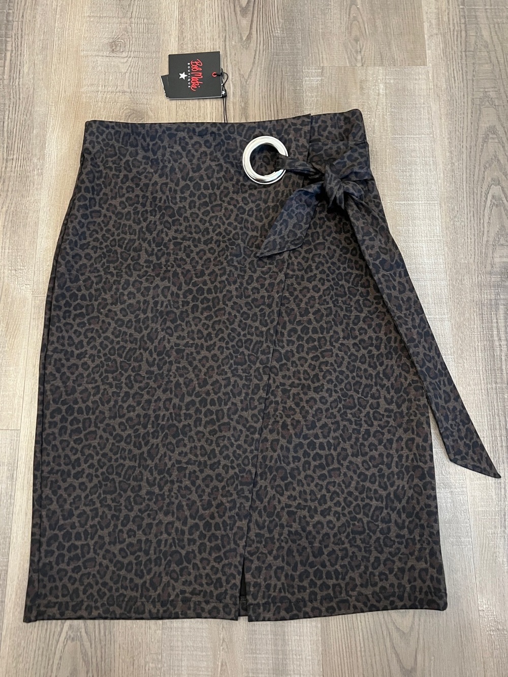 NWT Bob Mackie Leopard Faux Wrap Grommet Tie Pencil Skirt